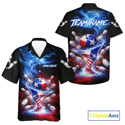 Fire Flame Texas Flag Tornado bowling Hawaiian shirt featuring blazing fire graphics, Texas flag tornado artwork, custom button-up bowling team shirt, tropical aloha bowling apparel, lightweight summer bowling league uniform, personalized vacation bowling shirt