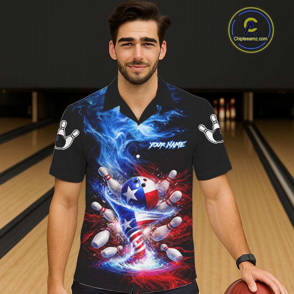 Male and female models wearing Fire Flame Texas Flag Tornado bowling Hawaiian shirts, custom button-up bowling team apparel featuring patriotic Texas graphics, tropical resort clothing, summer vacation shirt, league tournament outfit symbolizing pride, strength, teamwork and competitive spirit