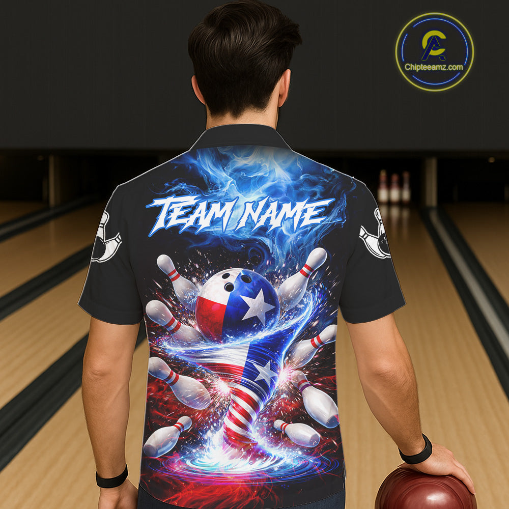 Male and female models wearing Fire Flame Texas Flag Tornado bowling Hawaiian shirts, custom button-up bowling team apparel featuring patriotic Texas graphics, tropical resort clothing, summer vacation shirt, league tournament outfit symbolizing pride, strength, teamwork and competitive spirit