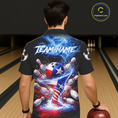 Male and female models wearing Fire Flame Texas Flag Tornado bowling Hawaiian shirts, custom button-up bowling team apparel featuring patriotic Texas graphics, tropical resort clothing, summer vacation shirt, league tournament outfit symbolizing pride, strength, teamwork and competitive spirit