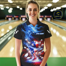 Load image into Gallery viewer, Personalized Fire Flame Texas Flag Tornado Bowling Team Shirts For Women Patriotic Bowling Gifts NYN2722