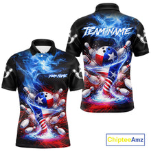 Load image into Gallery viewer, Personalized Fire Flame Texas Flag Tornado Bowling Team Shirts For Men Patriotic Bowling Gifts NYN2722
