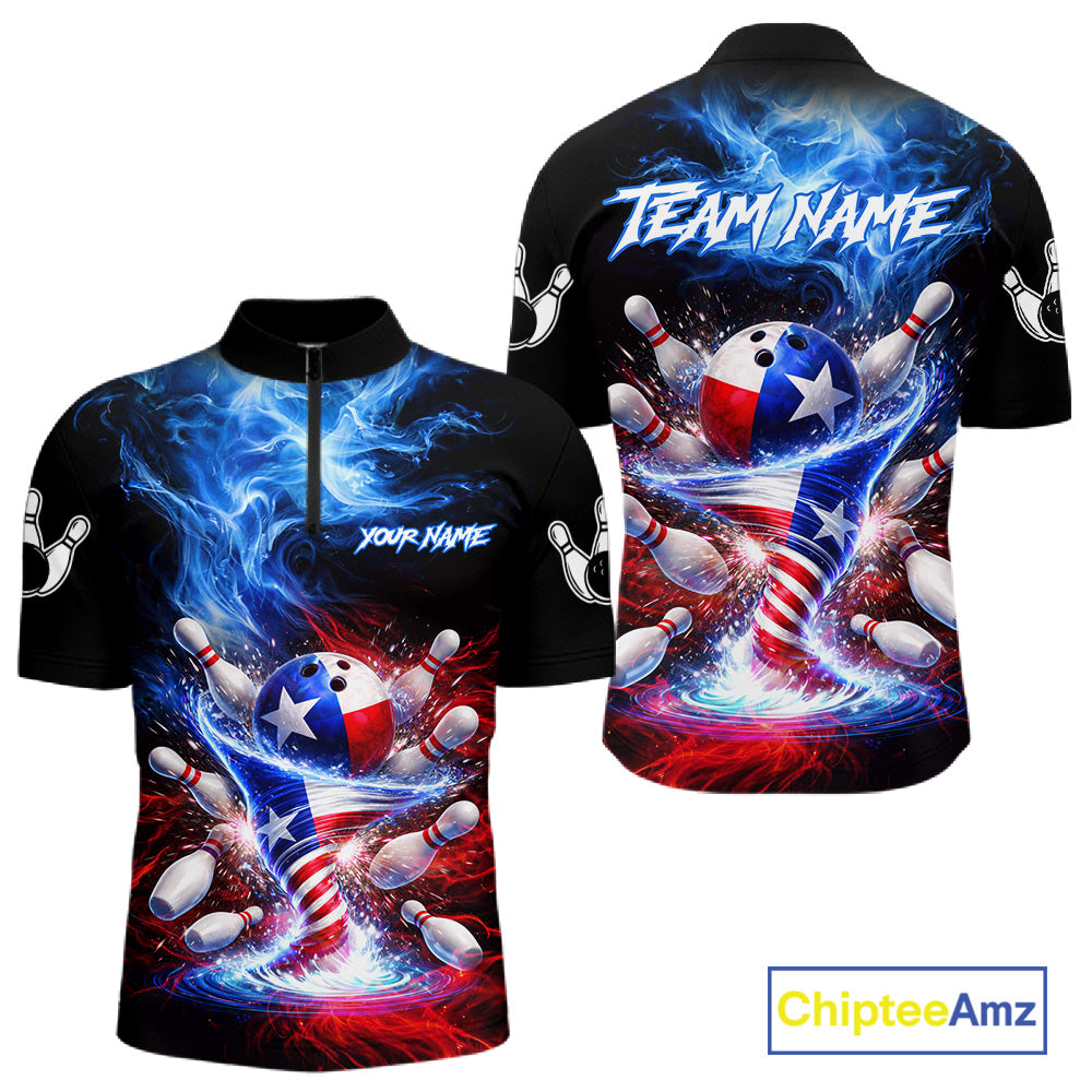 Personalized Fire Flame Texas Flag Tornado Bowling Team Shirts For Men Patriotic Bowling Gifts NYN2722