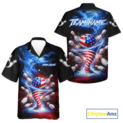 Fire Flame American Flag Tornado bowling Hawaiian shirt featuring USA flag tornado artwork, blazing fire graphics, custom bowling button-up shirt, patriotic aloha bowling apparel, tropical vacation league uniform, personalized bowling team clothing
