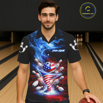 Male and female models wearing Fire Flame American Flag Tornado bowling Hawaiian shirts, patriotic USA bowling button-up shirts for league tournaments, tropical resort apparel, Independence Day bowling outfit symbolizing freedom, unity, courage and championship spirit