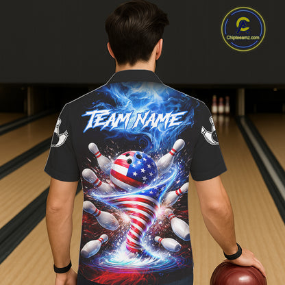 Male and female models wearing Fire Flame American Flag Tornado bowling Hawaiian shirts, patriotic USA bowling button-up shirts for league tournaments, tropical resort apparel, Independence Day bowling outfit symbolizing freedom, unity, courage and championship spirit