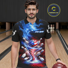 Load image into Gallery viewer, Personalized Fire Flame American Flag Tornado Bowling Team Shirts For Men Patriotic Bowling Gifts NYN2723