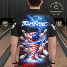 Load image into Gallery viewer, Personalized Fire Flame American Flag Tornado Bowling Team Shirts For Men Patriotic Bowling Gifts NYN2723