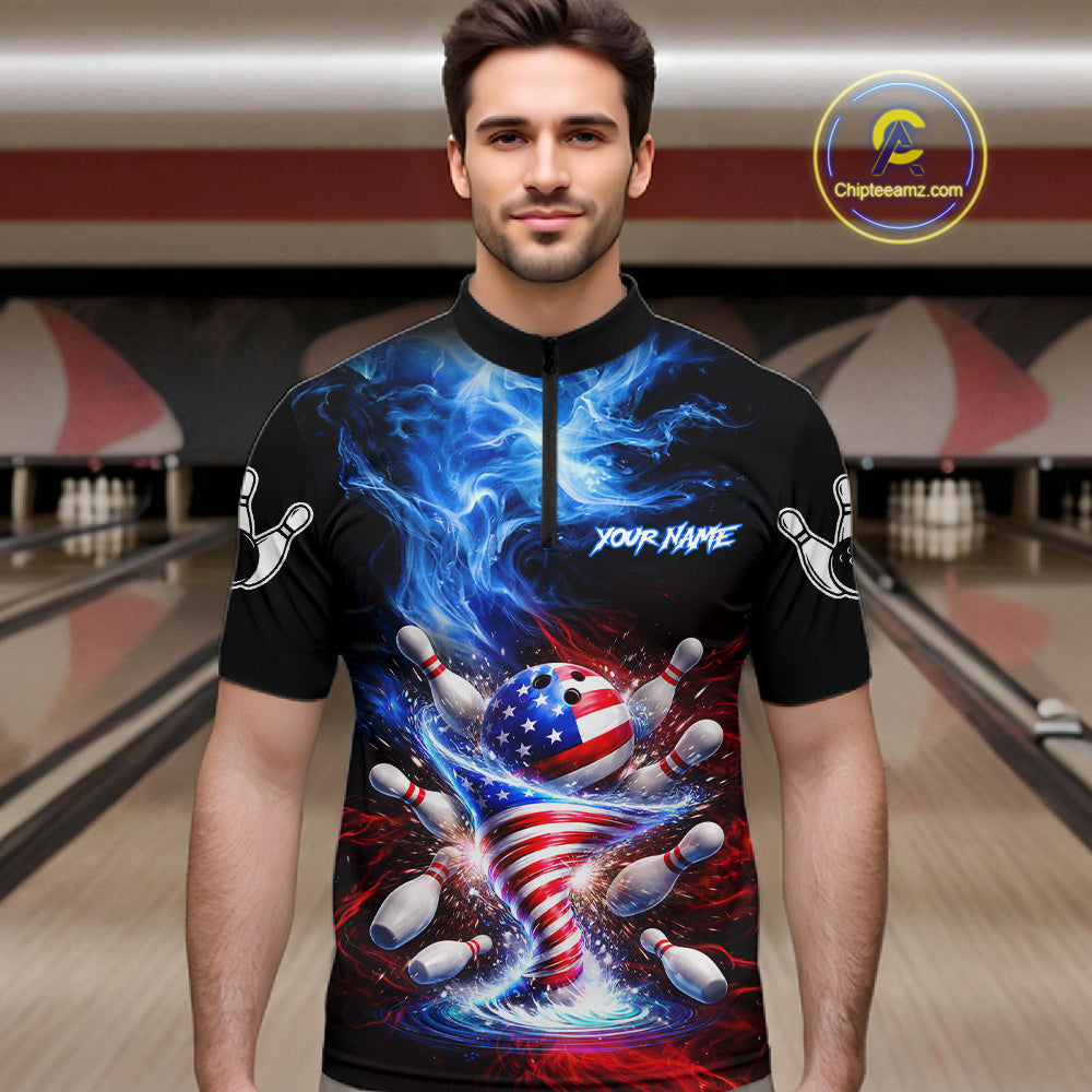 Personalized Fire Flame American Flag Tornado Bowling Team Shirts For Men Patriotic Bowling Gifts NYN2723