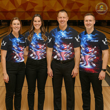 Load image into Gallery viewer, Personalized Fire Flame American Flag Tornado Bowling Team Shirts For Women Patriotic Bowling Gifts NYN2723