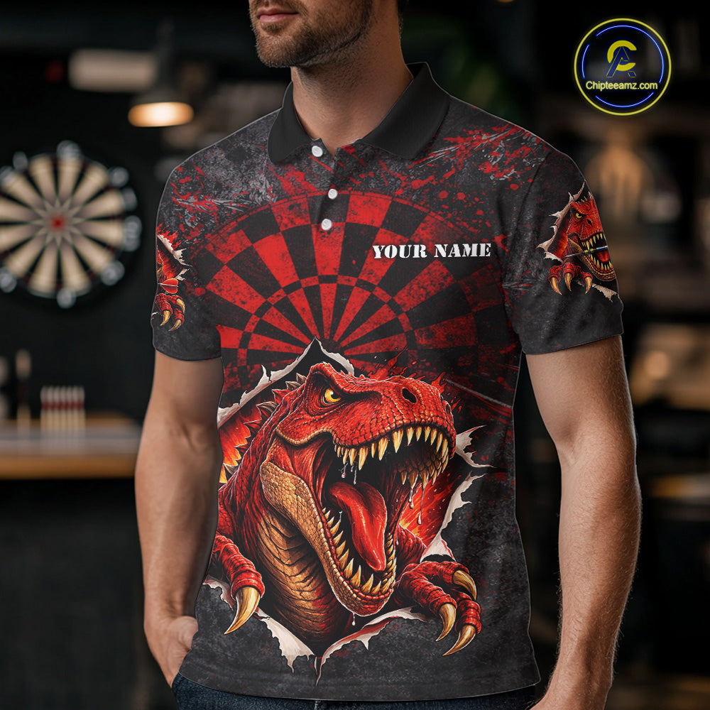 Custom Red Grunge Dart Polo & Quarter Zip Shirt For Men Dinosaur Funny Darts Team Jersey NYN2868