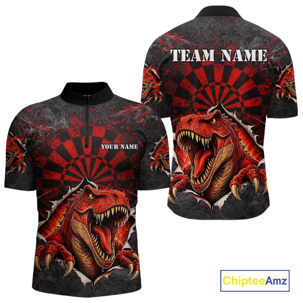 Custom Red Grunge Dart Polo & Quarter Zip Shirt For Men Dinosaur Funny Darts Team Jersey NYN2868