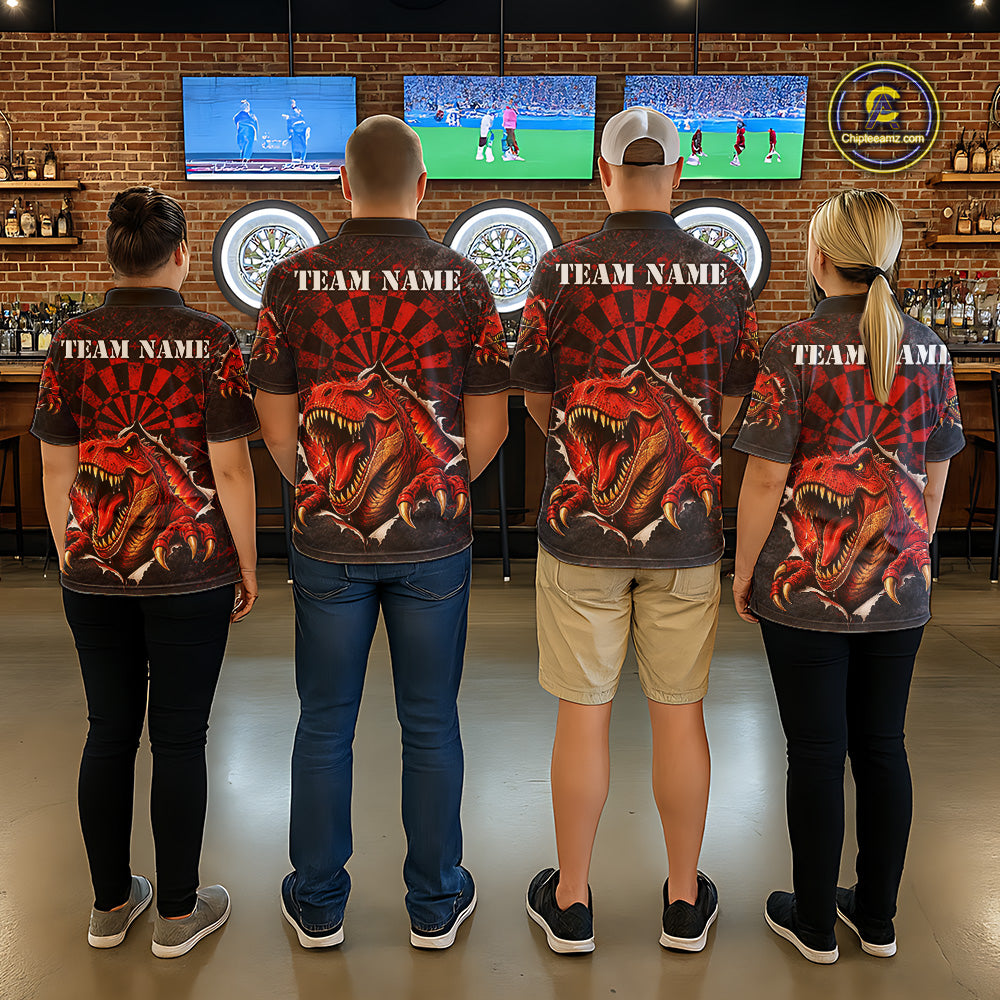 Custom Red Grunge Dart Polo & Quarter Zip Shirt For Men Dinosaur Funny Darts Team Jersey NYN2868