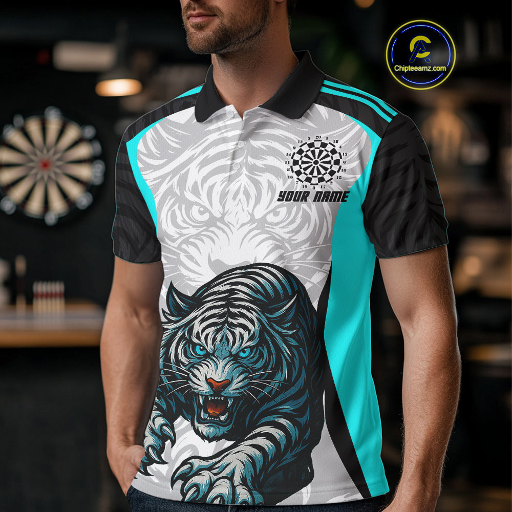 Men’s Darts Team Shirt Turquoise Tiger And Dartboard With Name Option NYN0307