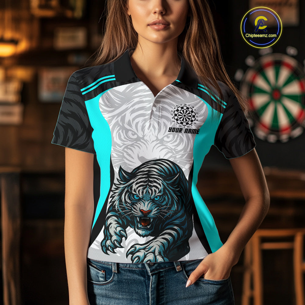 Women’s Darts Team Shirt Turquoise Tiger And Dartboard With Name Option NYN0307