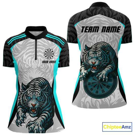 Women’s Darts Team Shirt Turquoise Tiger And Dartboard With Name Option NYN0307