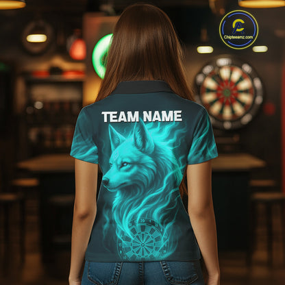 Turquoise Flaming Wolf Dartboard Darts Shirt For Women - Custom Team Jersey For Players NYN0576