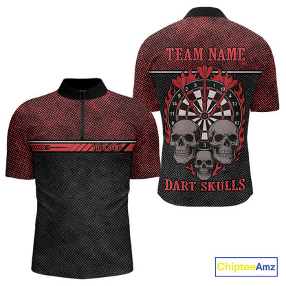 Men’s Custom Darts Shirt With Flaming Darts & Skulls And Crimson Halftone Pattern NYN0314