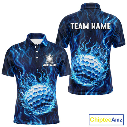Mens Golf Polo Shirt Personalized Fire Flame Golf Ball Clothing Golf Tops For Golfers | Blue NYN3259