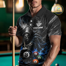 Load image into Gallery viewer, Male billiards player wearing Blue White Smokes Grim Reaper pool jersey during competitive league play