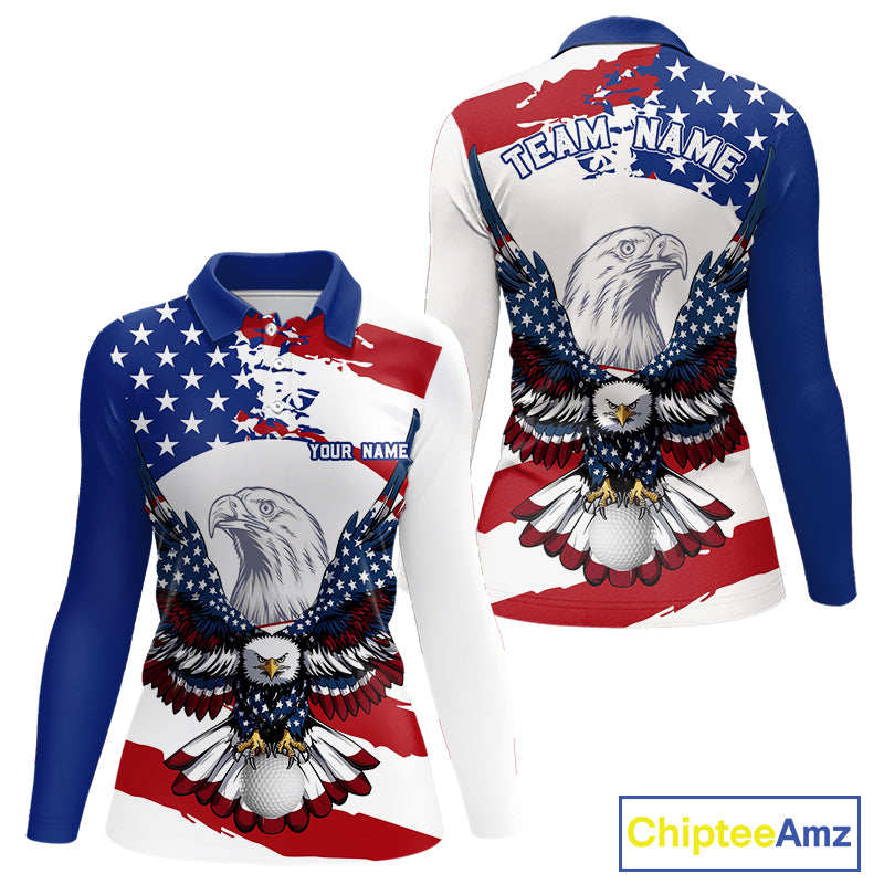 US Flag Eagle Women's Golf Polo Shirt mockup with patriotic eagle artwork, personalized golf polo, custom golf team apparel, moisture-wicking performance golf shirt, USA golf clothing, golf tournament uniform.