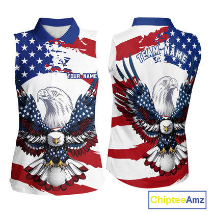 US Flag Eagle Golf Ball Women's Sleeveless Golf Polo mockup featuring patriotic eagle and golf ball design, personalized golf apparel, custom golf team shirt, breathable performance golf clothing, American flag golf outfit, Memorial Day, Independence Day, veteran golf gift.