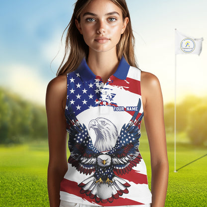 Women's model wearing US Flag Eagle Golf Polo Shirt, patriotic golf apparel, custom golf team outfit, American eagle golf clothing, performance golf fashion, golf club uniform, USA pride sportswear.