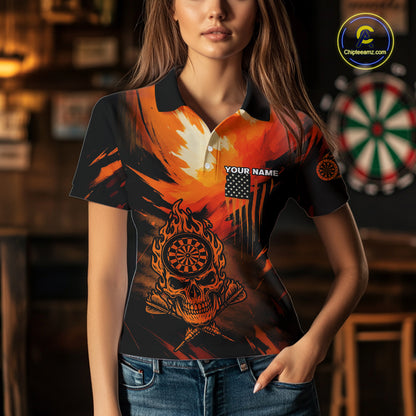 Custom Orange Grunge Skull Dartboard Patriotic Dart Women Polo Jerseys US Flag Dart Shirt NYN1713