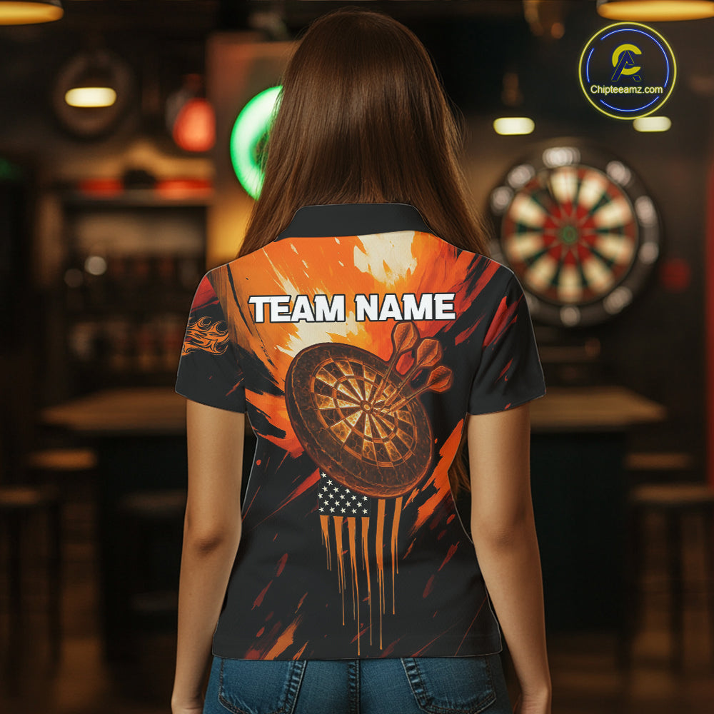 Custom Orange Grunge Skull Dartboard Patriotic Dart Women Polo Jerseys US Flag Dart Shirt NYN1713