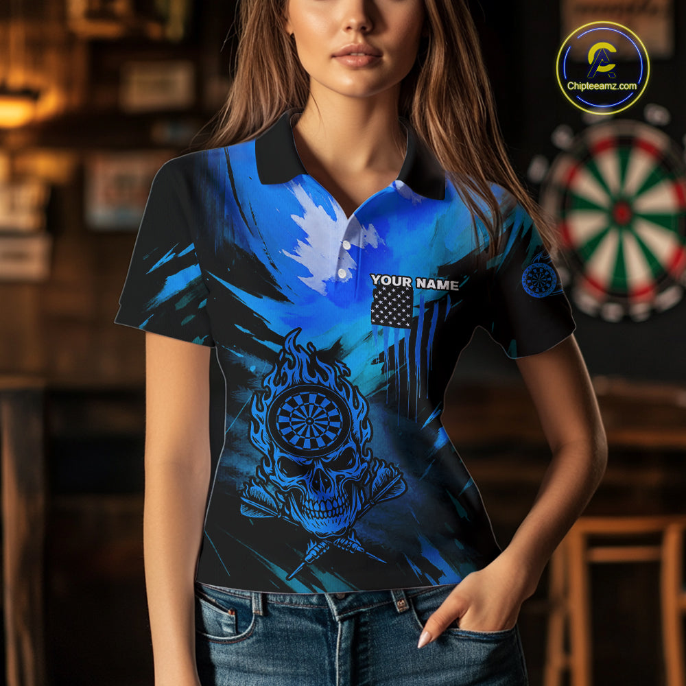 Custom Blue Grunge Skull Dartboard Patriotic Dart Women Polo Jerseys US Flag Dart Shirt NYN1715