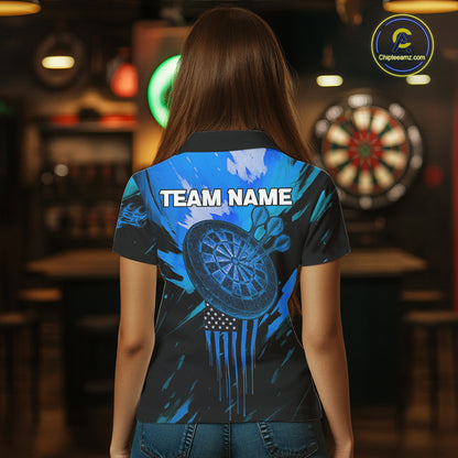 Custom Blue Grunge Skull Dartboard Patriotic Dart Women Polo Jerseys US Flag Dart Shirt NYN1715