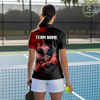 Custom Black And Red Paddle & Ball Pickleball Jerseys Women US Flag Pickleball Shirts NYN2222