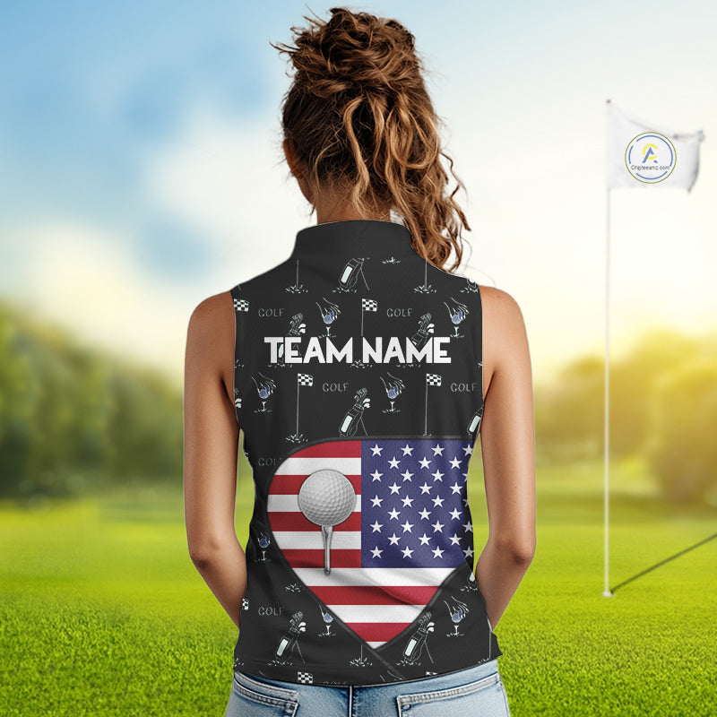 Personalized American Flag Womens Golf Sleeveless Polo Shirts Custom Patriotic Golf Ball Team Jerseys NYN3096
