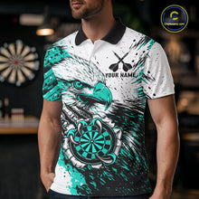 Load image into Gallery viewer, Male darts player wearing Custom Turquoise Grunge Eagle Scratch Dartboard darts jersey during league match and tournament competition, personalized dart apparel