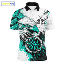 Load image into Gallery viewer, Custom Turquoise Grunge Eagle Scratch Dartboard men's darts polo shirt, personalized dart team jersey, custom dart uniform, dart league apparel, tournament darts shirt, professional dartboard polo