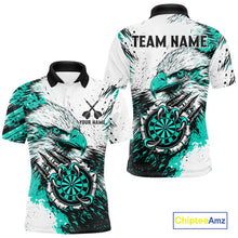 Load image into Gallery viewer, Custom Turquoise Grunge Eagle Scratch Dartboard men's darts polo shirt, personalized dart team jersey, custom dart uniform, dart league apparel, tournament darts shirt, professional dartboard polo