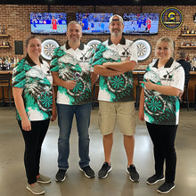 Load image into Gallery viewer, Men women darts team wearing Custom Turquoise Grunge Eagle Scratch Dartboard matching team uniforms, professional dart league jerseys and tournament apparel
