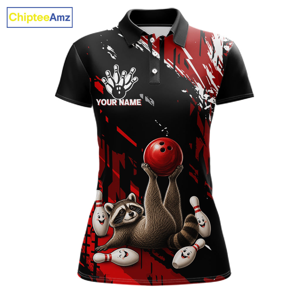 Funny Raccoon Bowling Polo featuring playful raccoon mascot, personalized bowling team name, red and black graphics, breathable performance polo, mascot sportswear, family-friendly bowling apparel, custom league jersey.