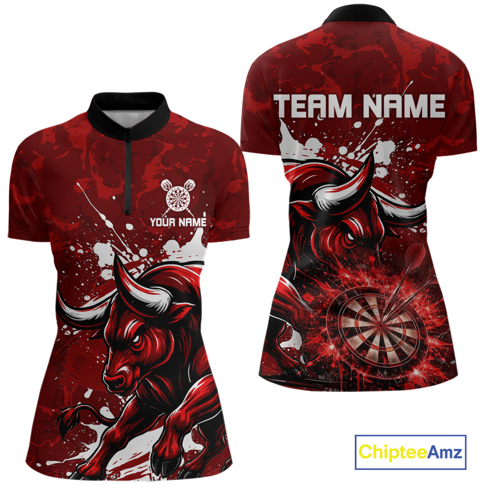 Custom White And Red Splatter Darts Polo & 1/4 Zip Shirt For Women Funny Bull Darts Team Jerseys NYN2891