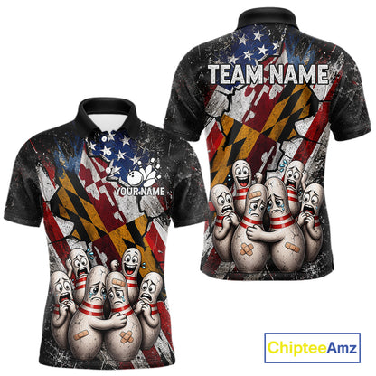 Funny Sad Pins Maryland US Flag men's bowling polo shirt, patriotic bowling jersey, custom team shirt