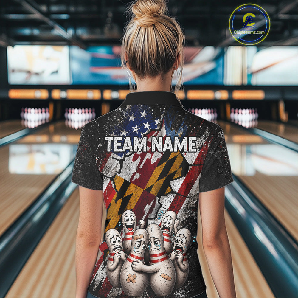 Female bowler wearing Maryland patriotic bowling jersey, custom US flag bowling shirt