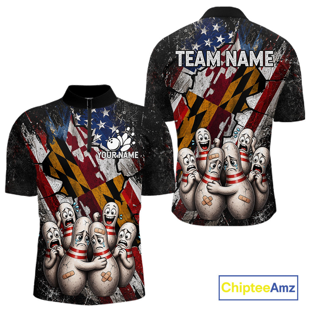 Funny Sad Pins Maryland US Flag men's bowling quarter zip shirt, patriotic bowling team uniform
