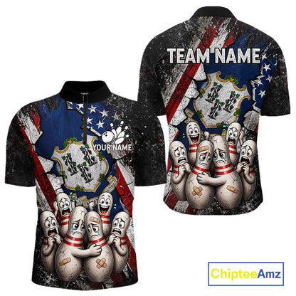Funny Sad Pins Connecticut US Flag men's bowling quarter zip shirt, personalized bowling uniform