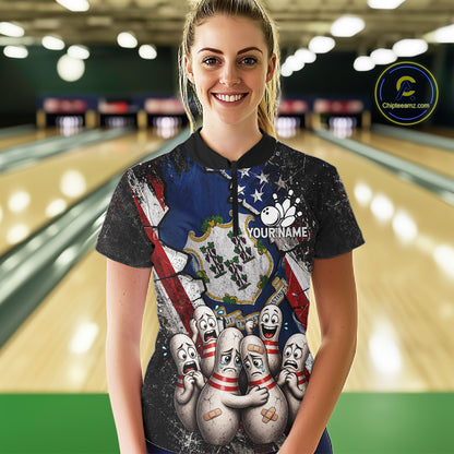 Female bowler wearing Connecticut patriotic bowling shirt, US flag bowling jersey