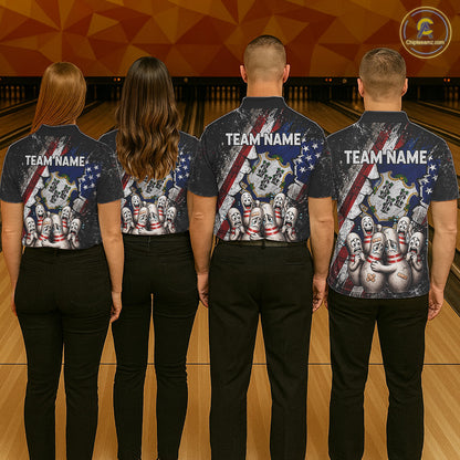 Men women bowling team wearing Connecticut patriotic bowling uniforms, custom bowling jerseys