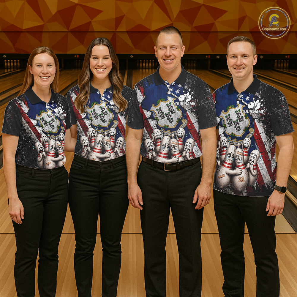 Men women bowling team wearing Connecticut patriotic bowling uniforms, custom bowling jerseys