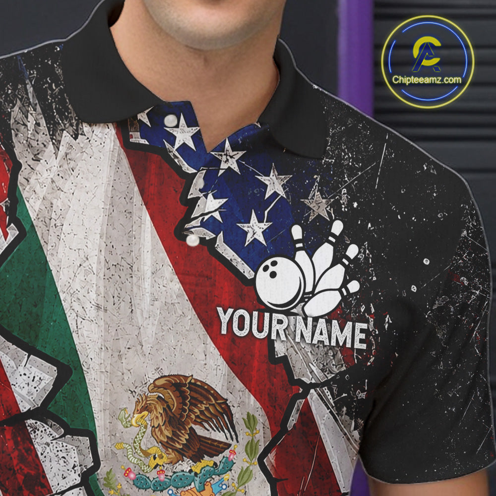 Male bowler wearing Mexican patriotic bowling jersey, custom bowling team shirt