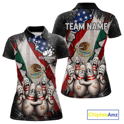 Funny Sad Pins Mexican US Flag women's bowling polo shirt, patriotic bowling jersey, personalized team apparel