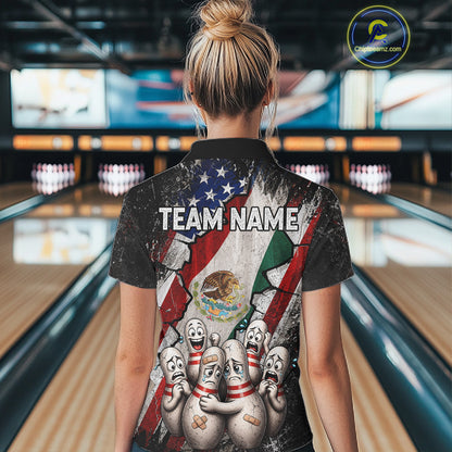 Female bowler wearing Mexican patriotic bowling jersey, custom bowling team shirt