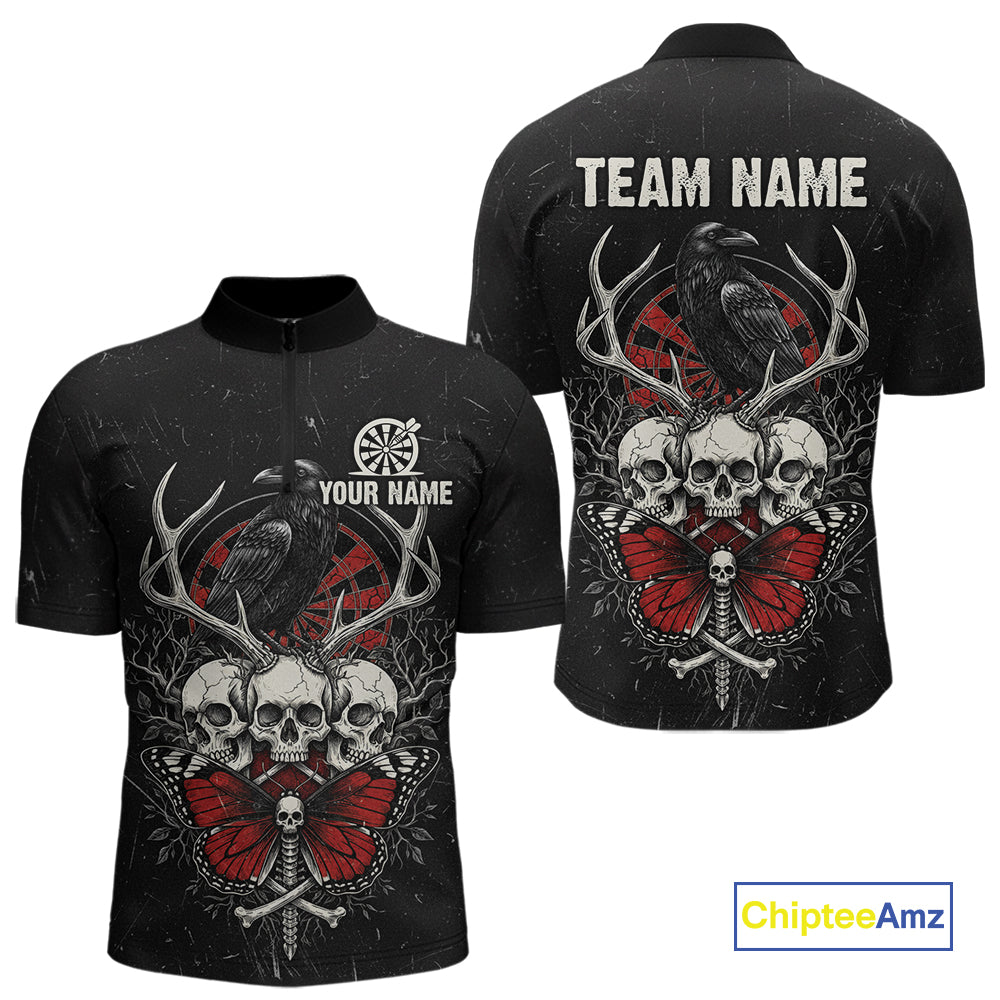 Red Skulls Butterfly Grunge Dartboard Custom Darts Quarter-Zip Shirt For Men Retro Dart Gifts NYN2002